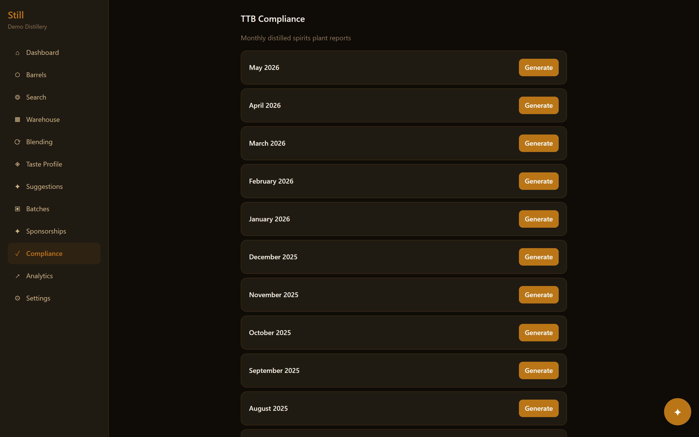 TTB compliance dashboard in Still — audit-ready records
